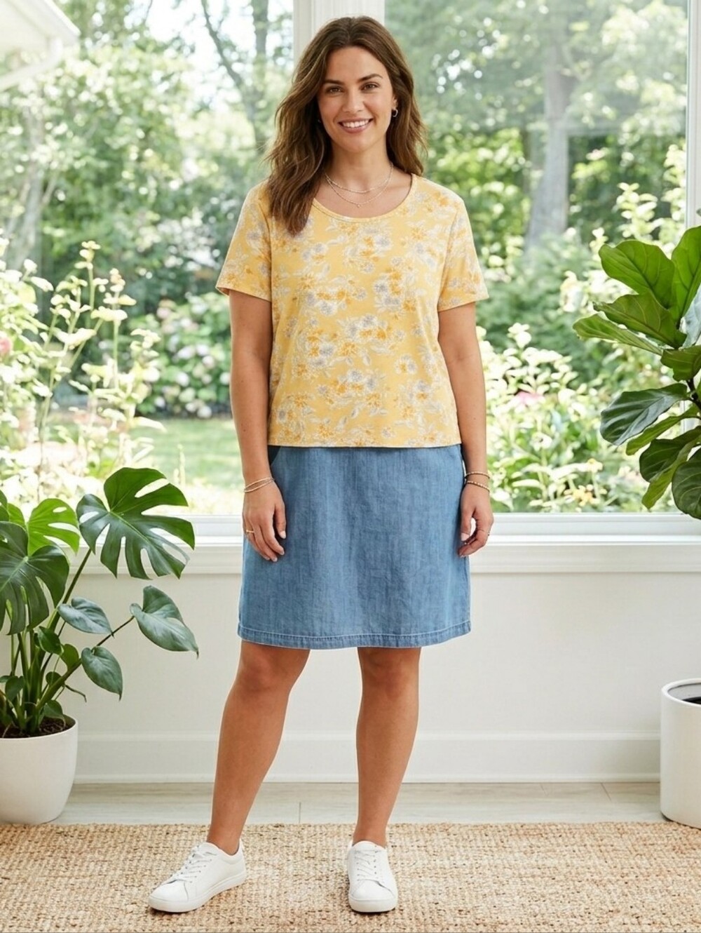 White Stag Marigold Yellow & White Daisy Floral Scoop Neck Top
